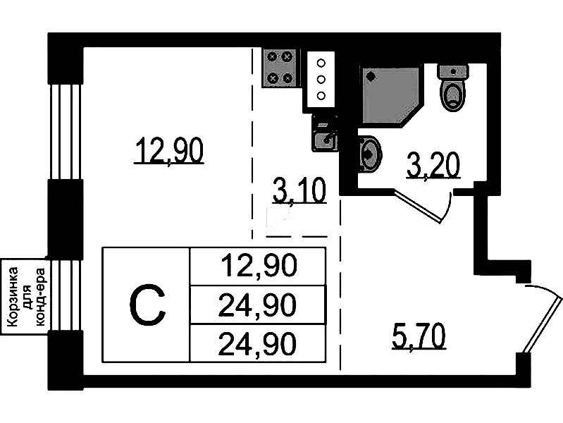 Квартира студия 24.9 м², 4/9 эт., ЖК «Курортный квартал»